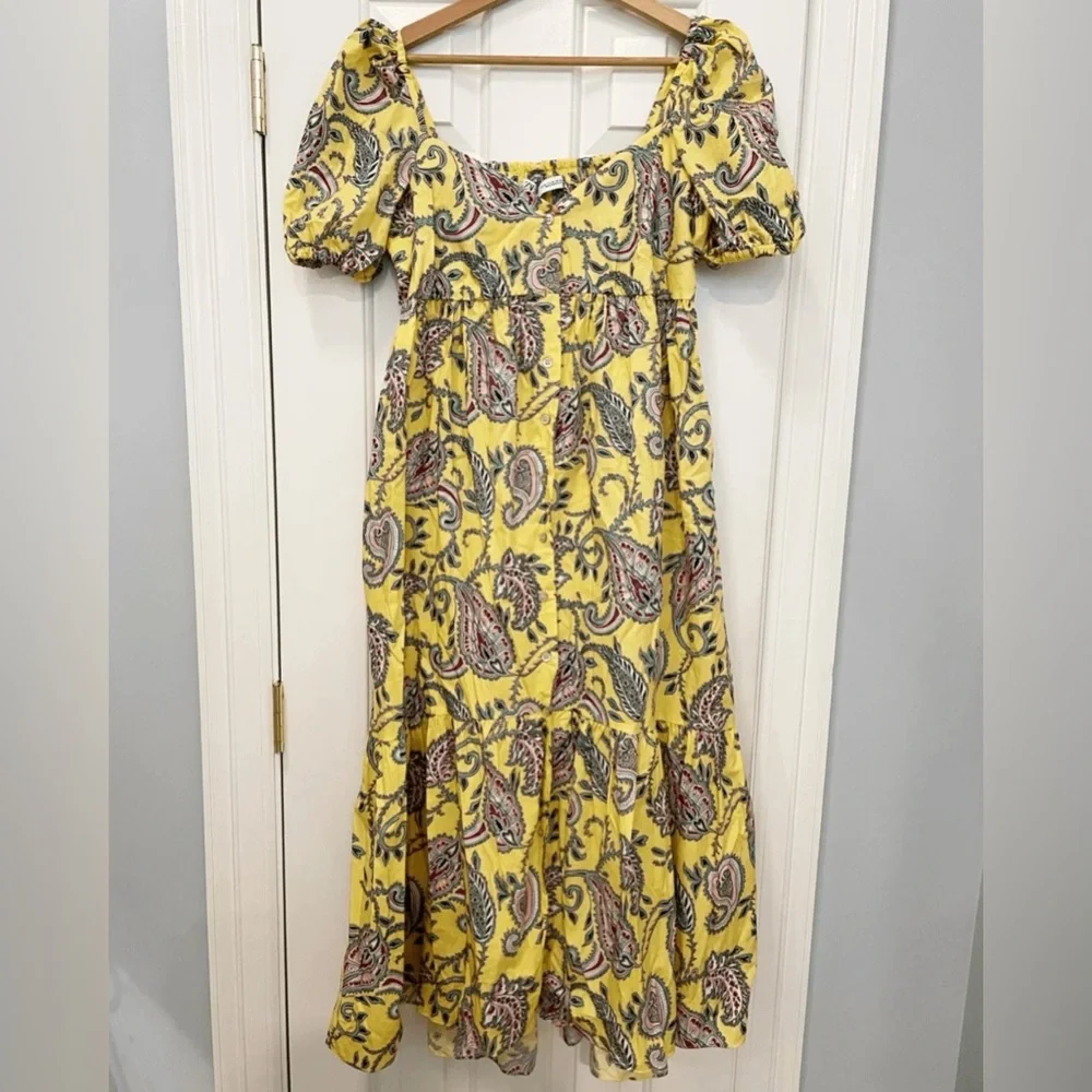Zara Yellow Paisley Puff Sleeve Midi Dress | Size M | Has Pockets!! - Picture 7 of 12